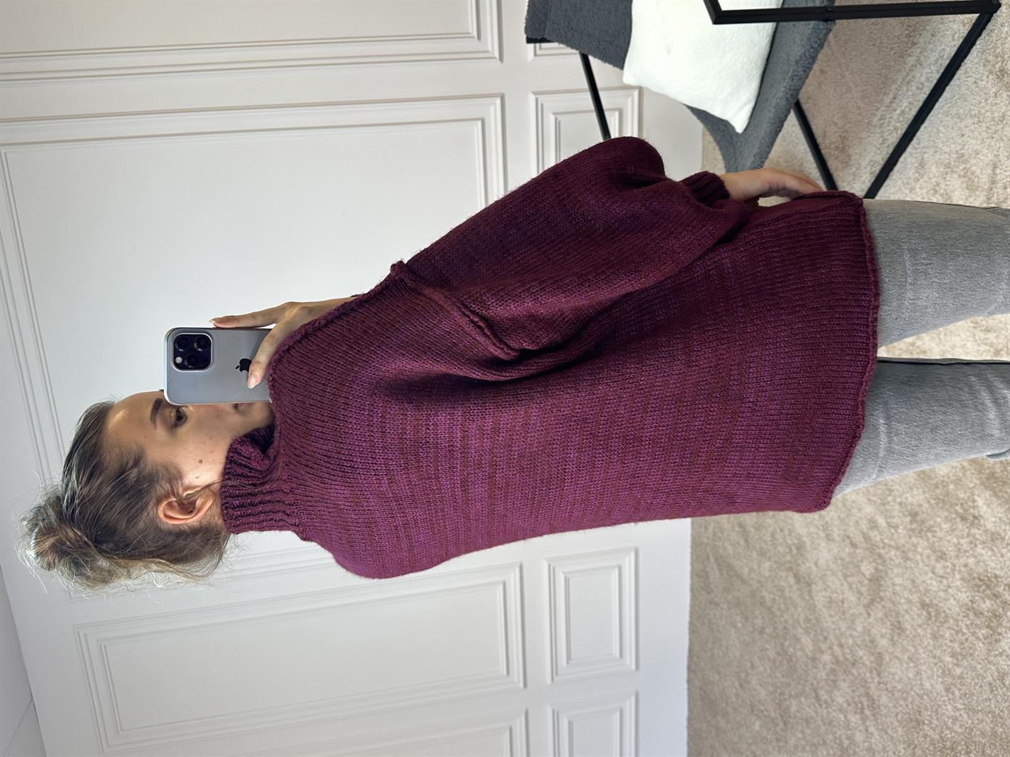 Berry Bordo Oversize Ters Dikiş Detaylı Yumoş Kazak