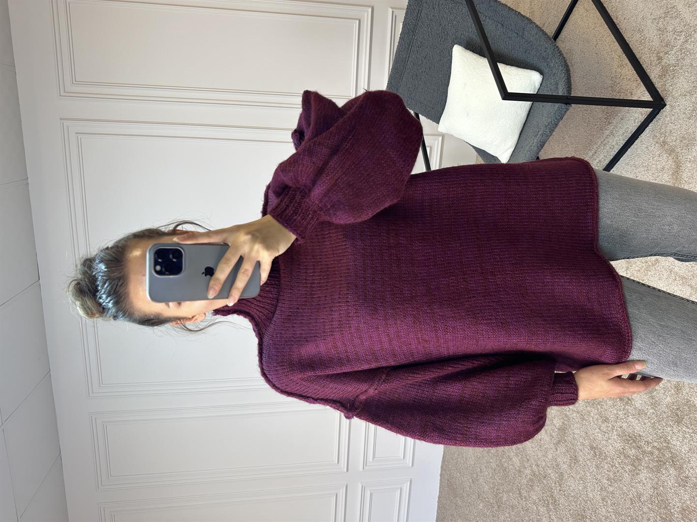 Berry Bordo Oversize Ters Dikiş Detaylı Yumoş Kazak