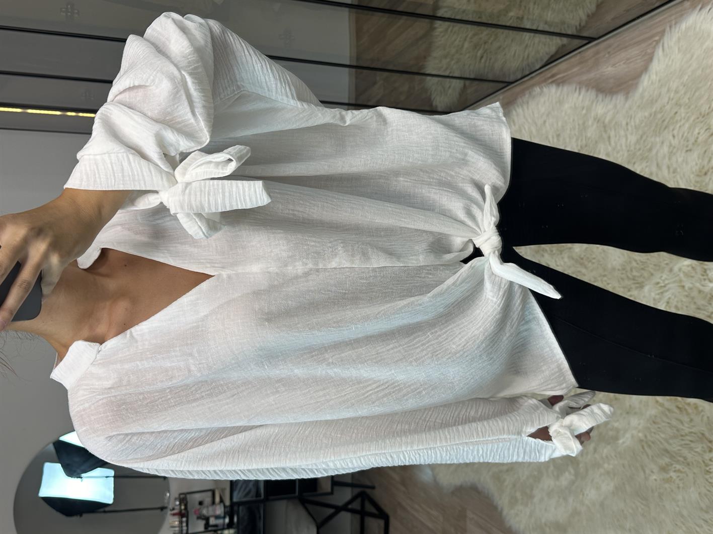 Bethany Beyaz Bağlama Detaylı Keten Bluz