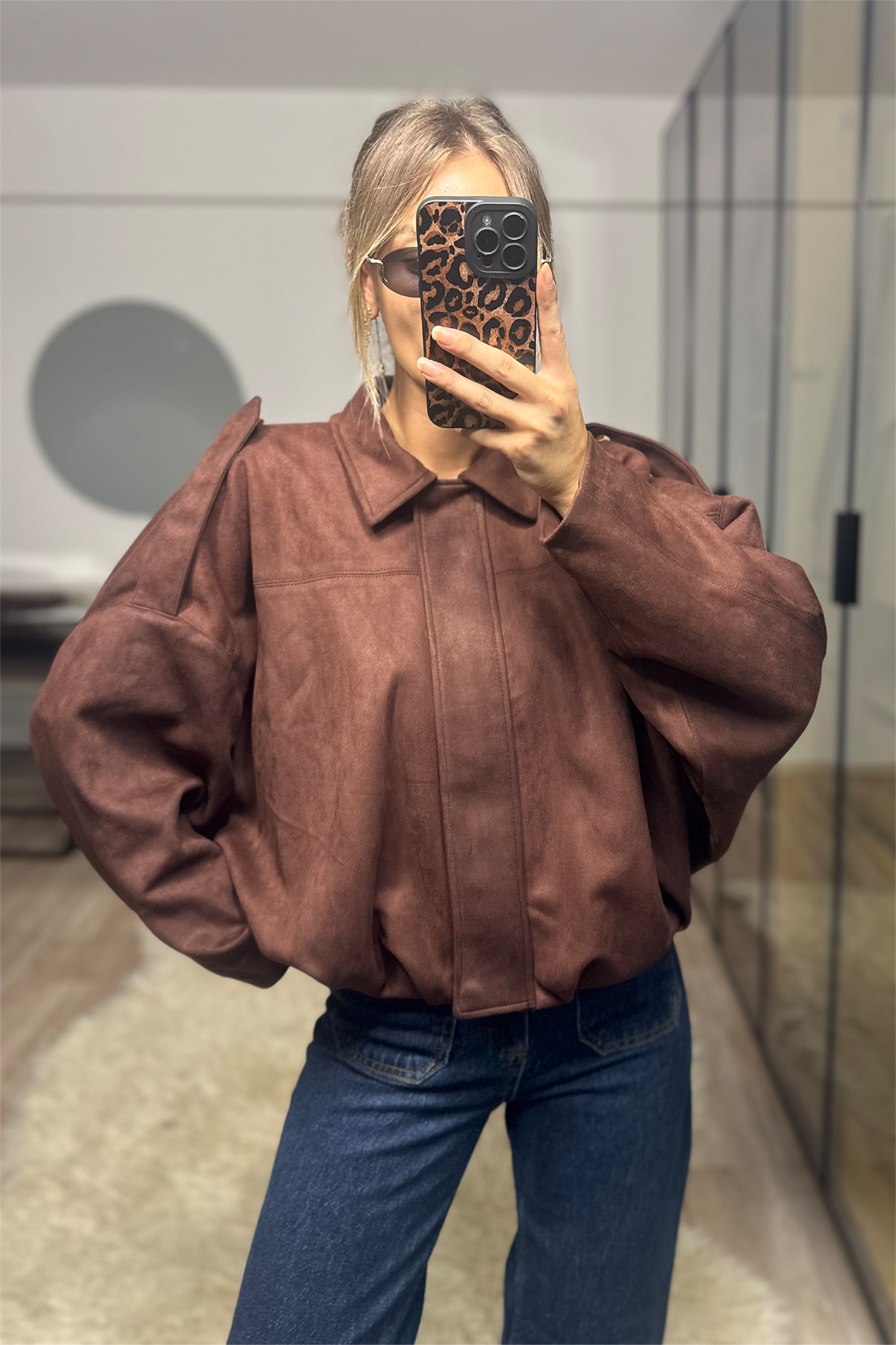 Betty Acı Kahve Oversize Kadın Bomber Süet Deri Ceket