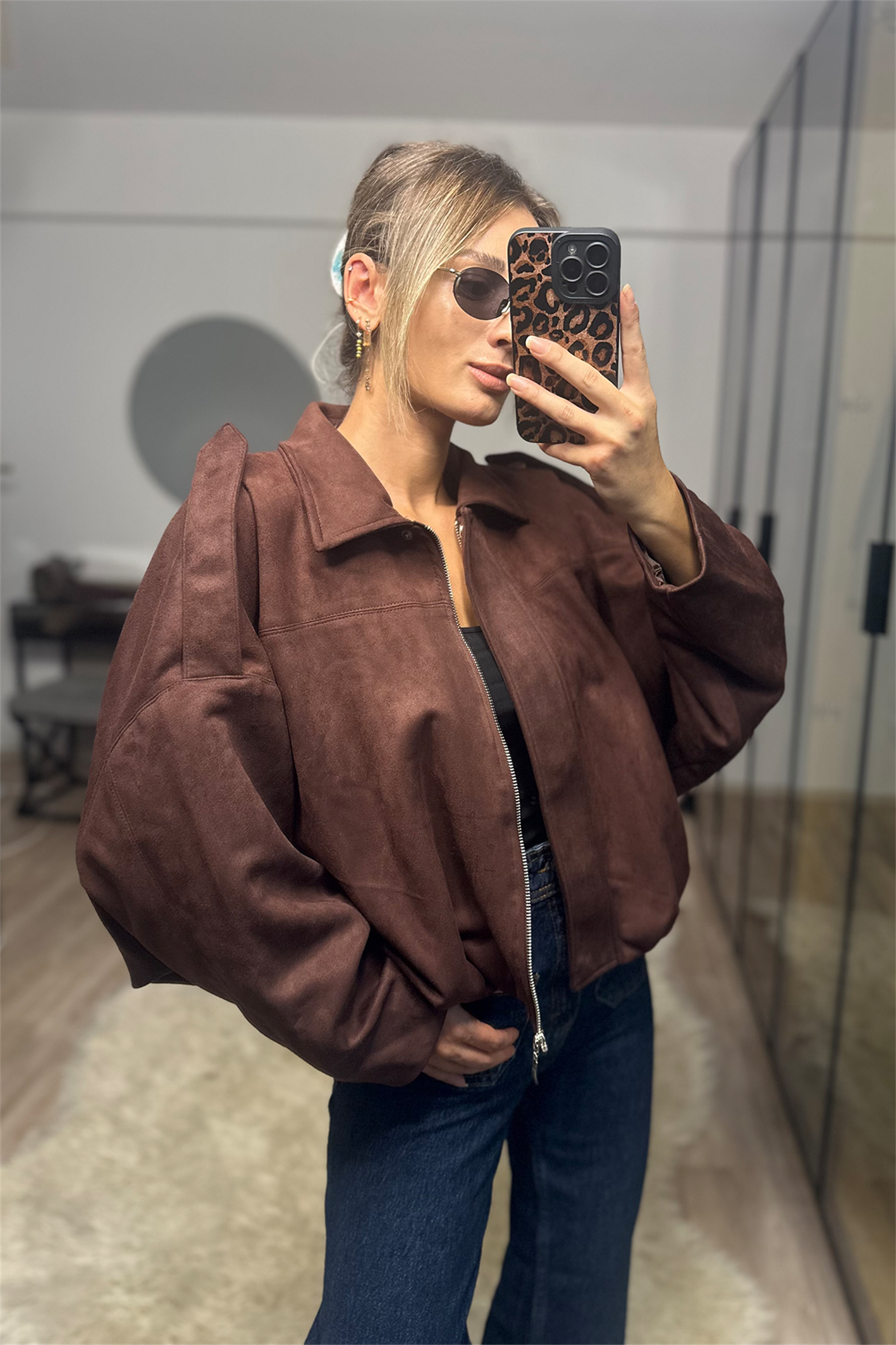 Betty Acı Kahve Oversize Kadın Bomber Süet Deri Ceket