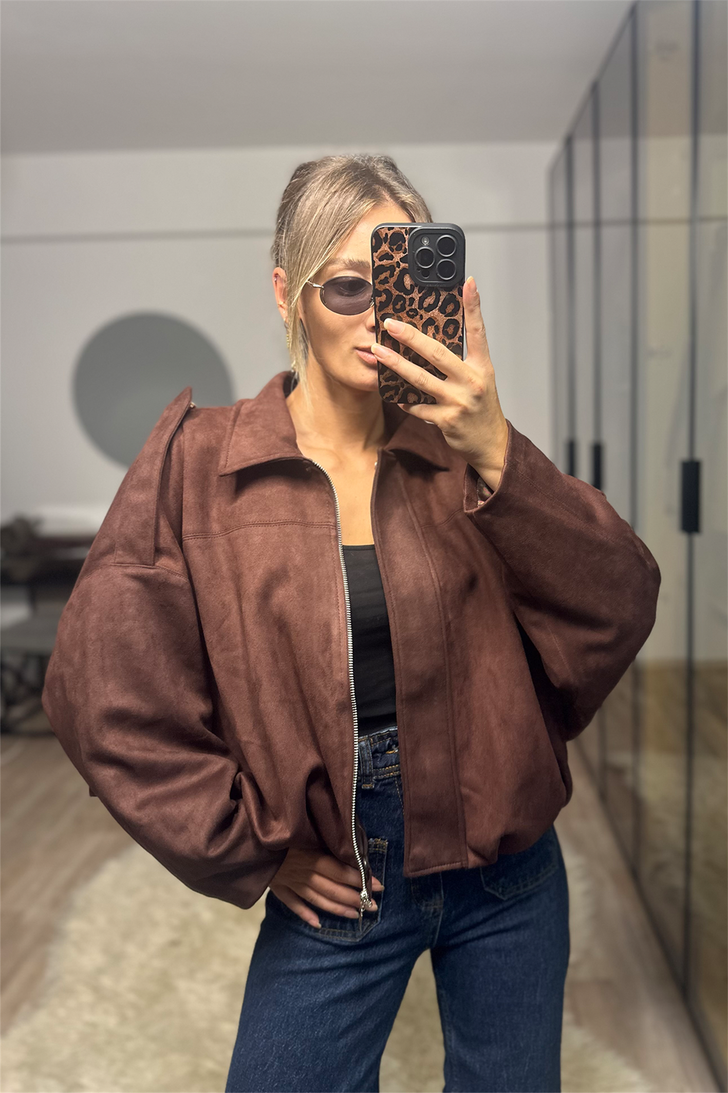 Betty Acı Kahve Oversize Kadın Bomber Süet Deri Ceket