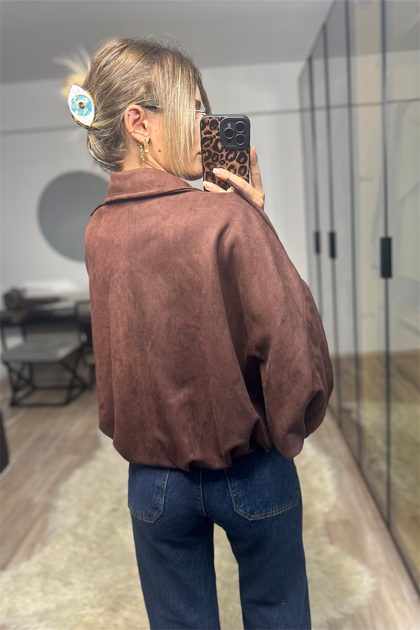 Betty Acı Kahve Oversize Kadın Bomber Süet Deri Ceket