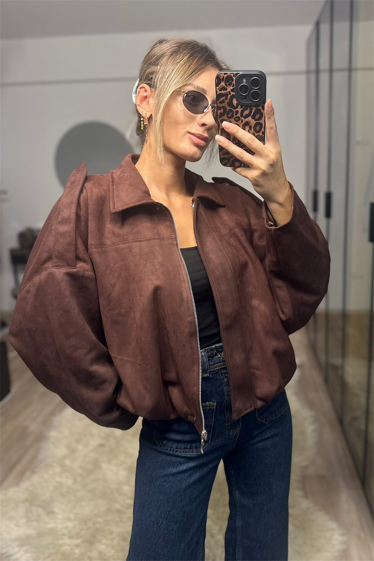 Betty Acı Kahve Oversize Kadın Bomber Süet Deri Ceket