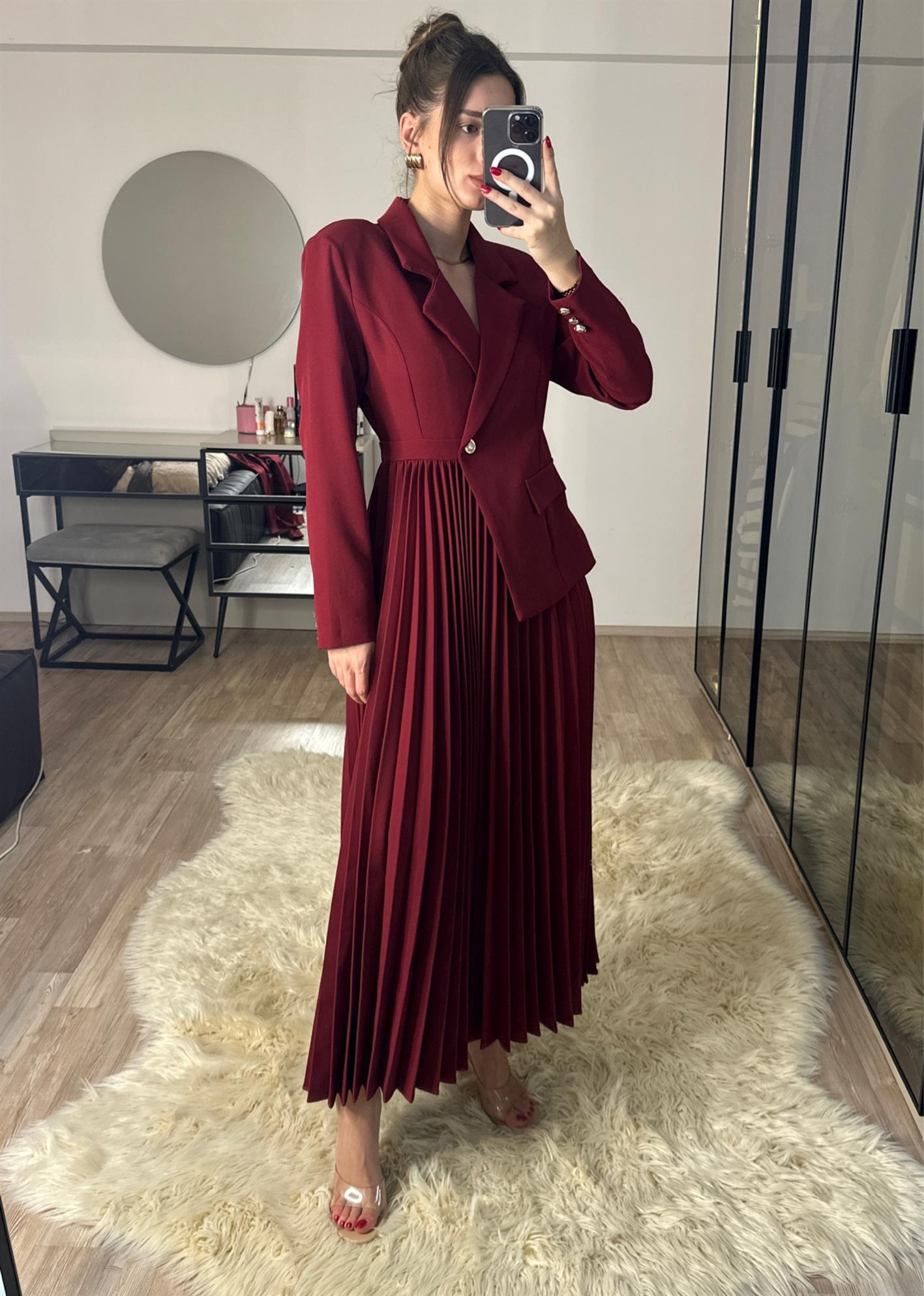 Blazer Ceketli Pileli Bordo Elbise