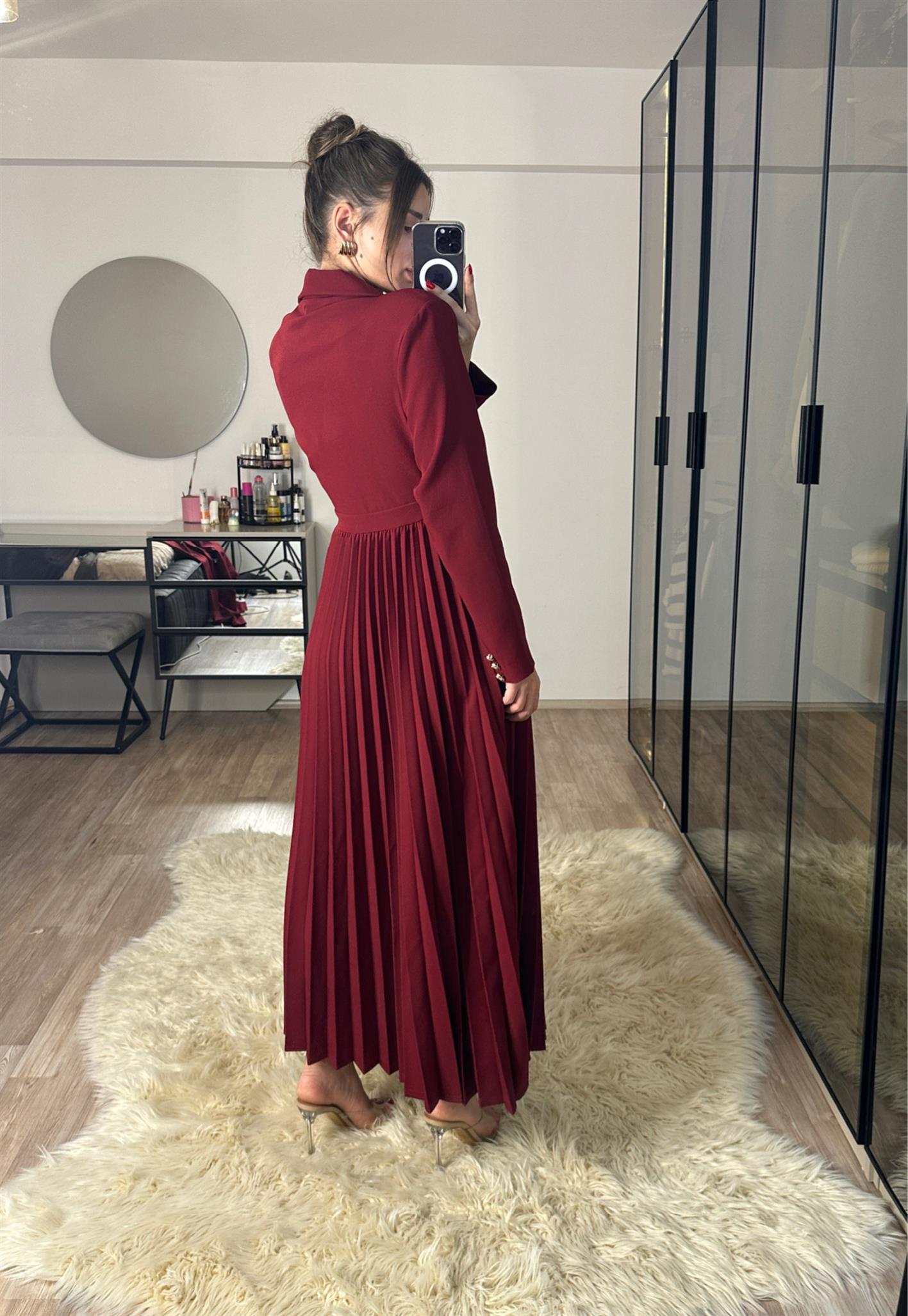 Blazer Ceketli Pileli Bordo Elbise