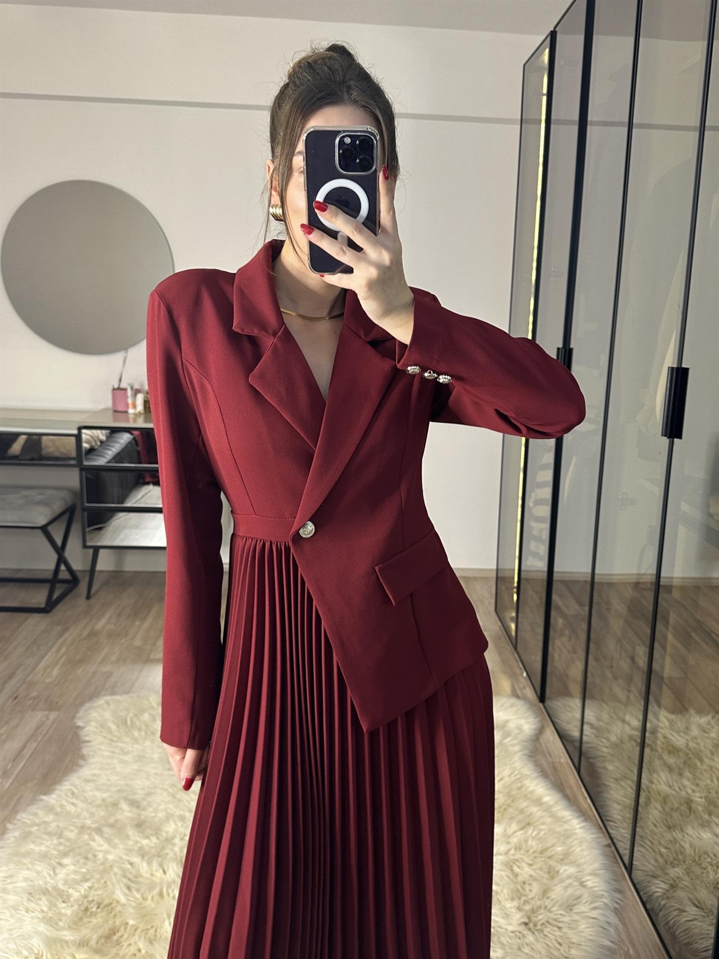 Blazer Ceketli Pileli Bordo Elbise