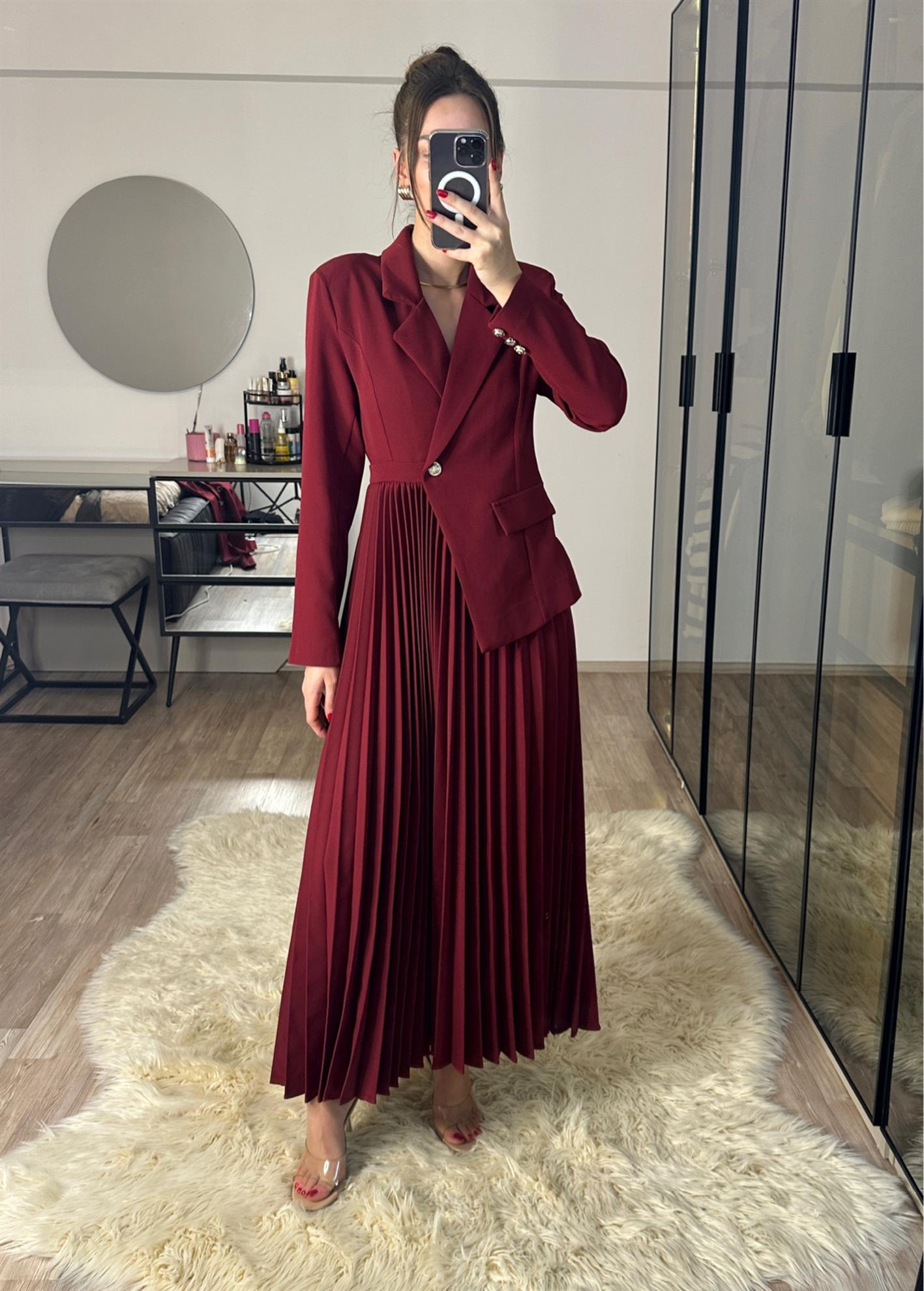 Blazer Ceketli Pileli Bordo Elbise
