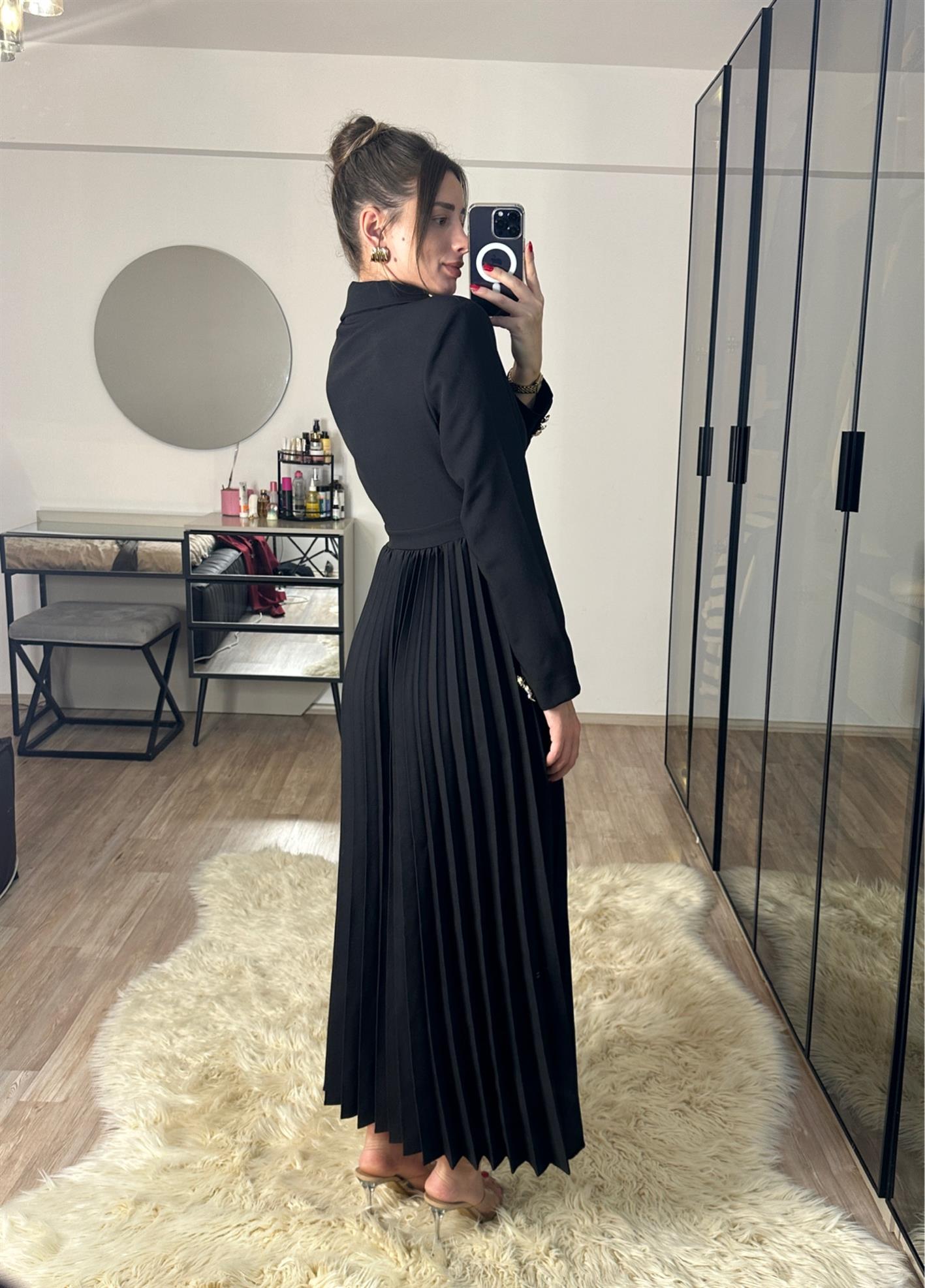Blazer Ceketli Pileli Siyah Elbise