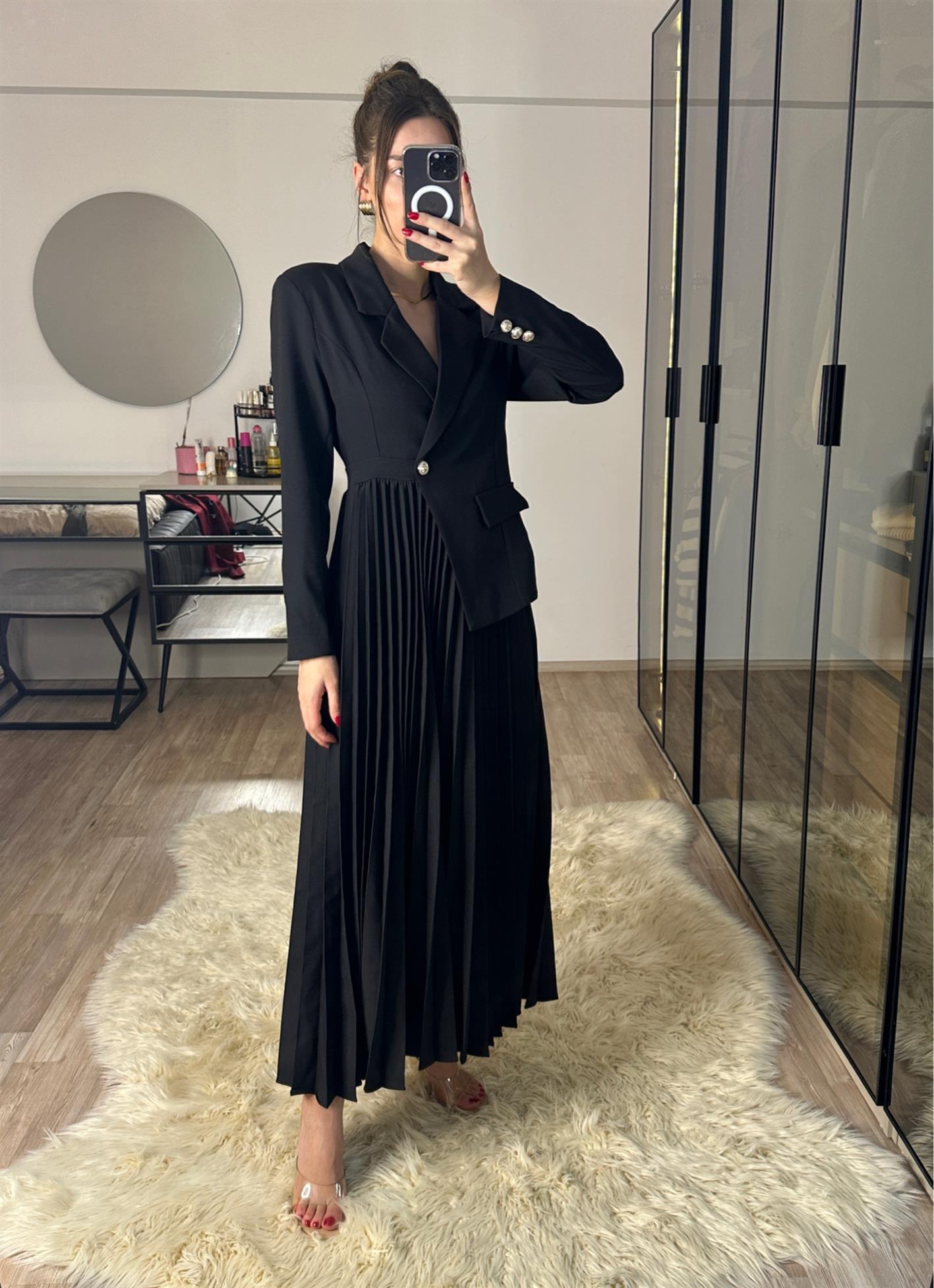 Blazer Ceketli Pileli Siyah Elbise