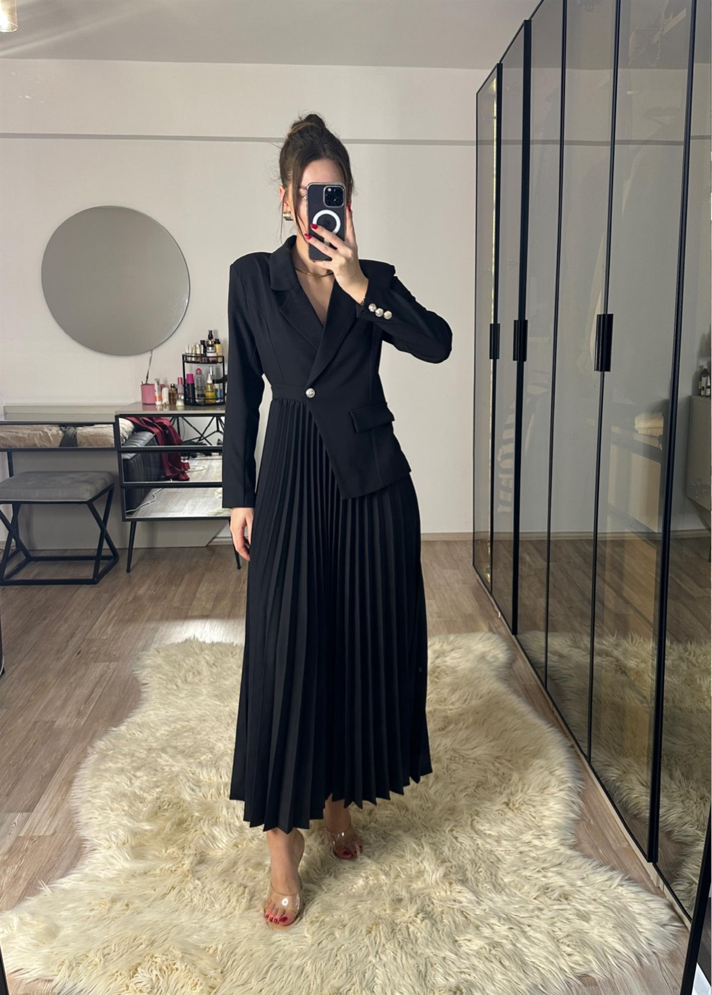 Blazer Ceketli Pileli Siyah Elbise