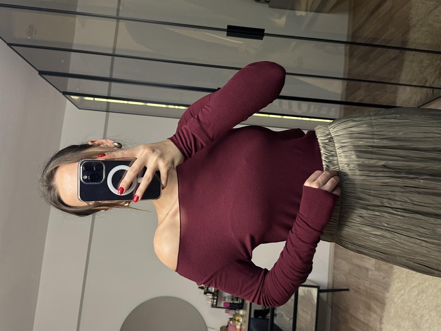 Bloom Bordo Massimo Kart Etiketli Kayık Yaka Bluz