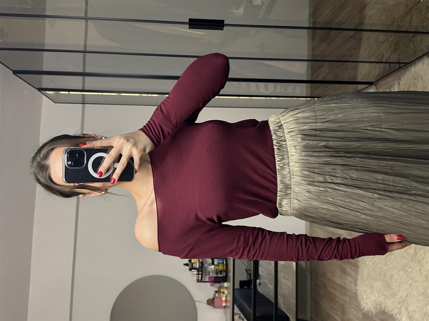 Bloom Bordo Massimo Kart Etiketli Kayık Yaka Bluz