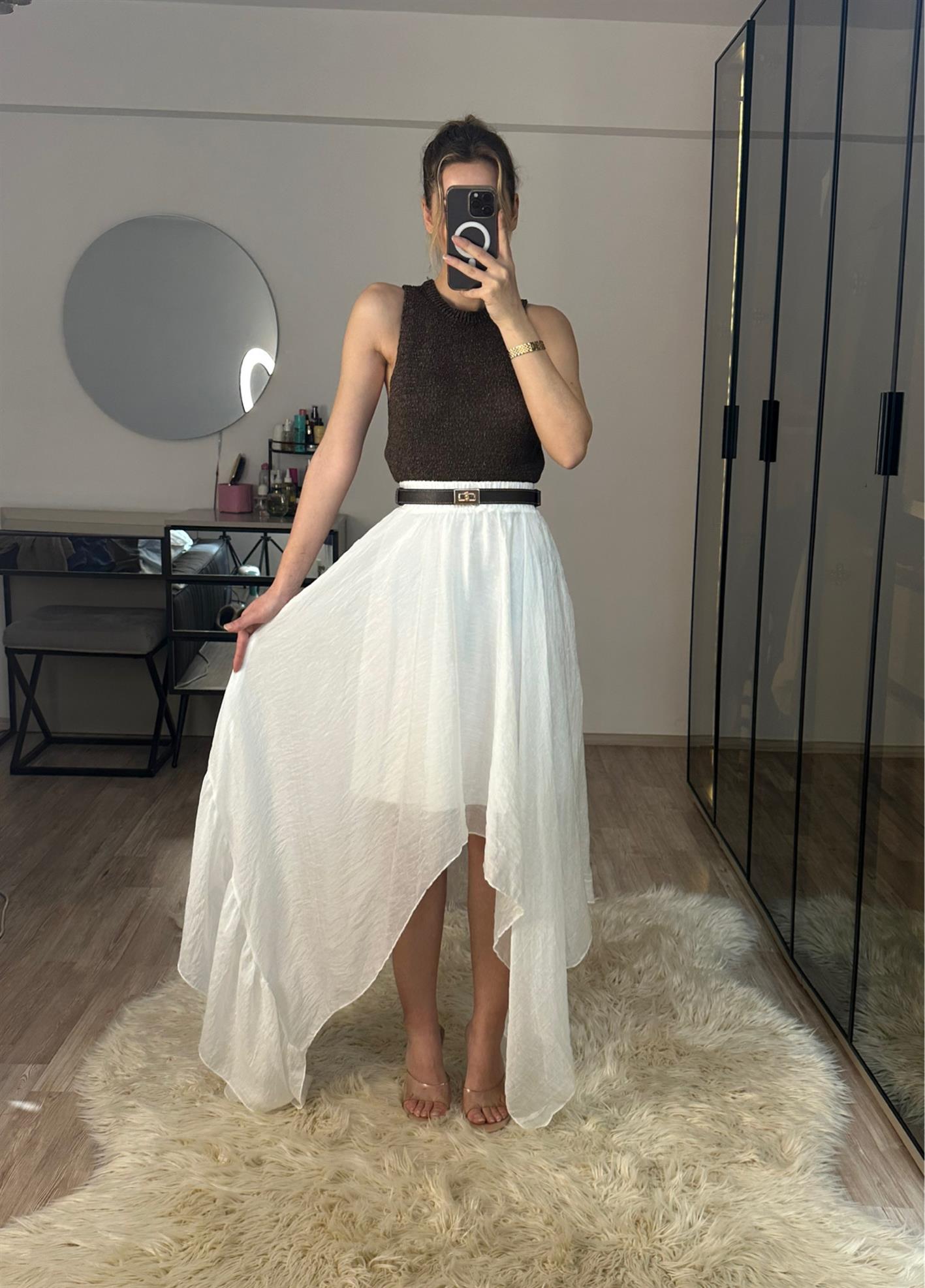Boho Asimetrik Kesim Beyaz Etek