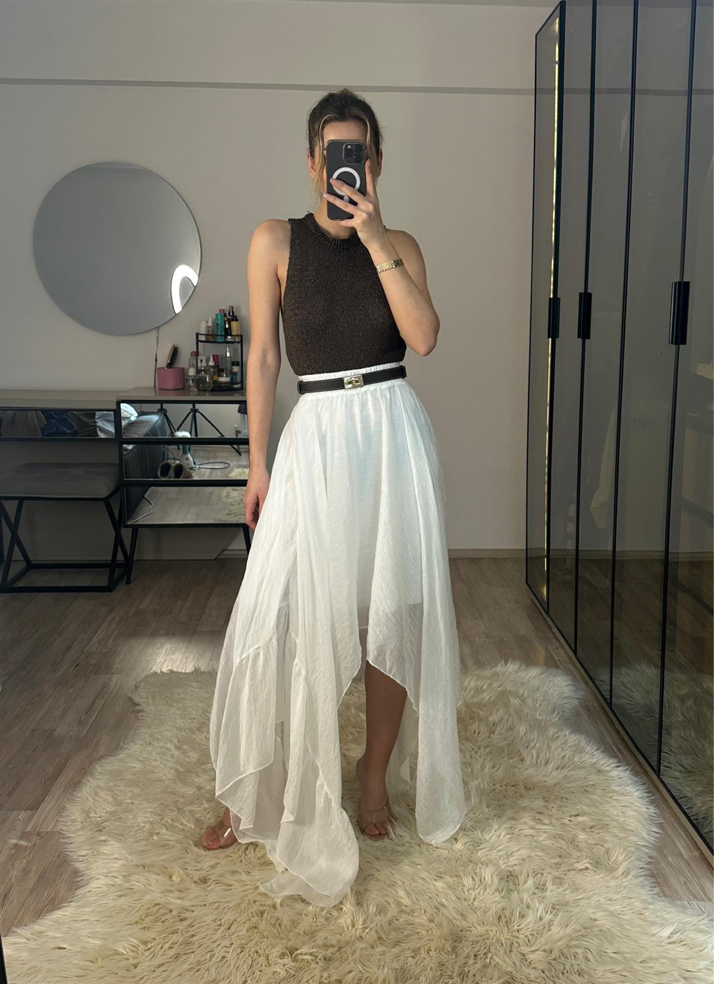 Boho Asimetrik Kesim Beyaz Etek