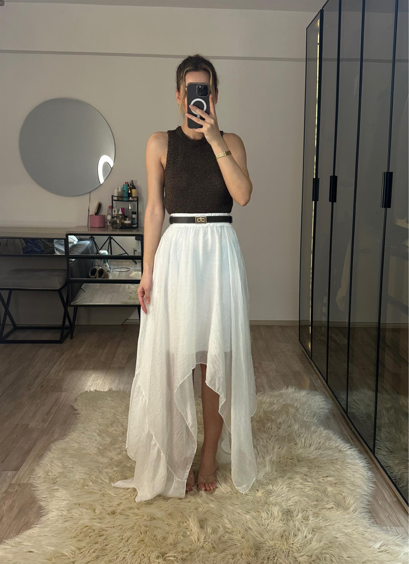 Boho Asimetrik Kesim Beyaz Etek