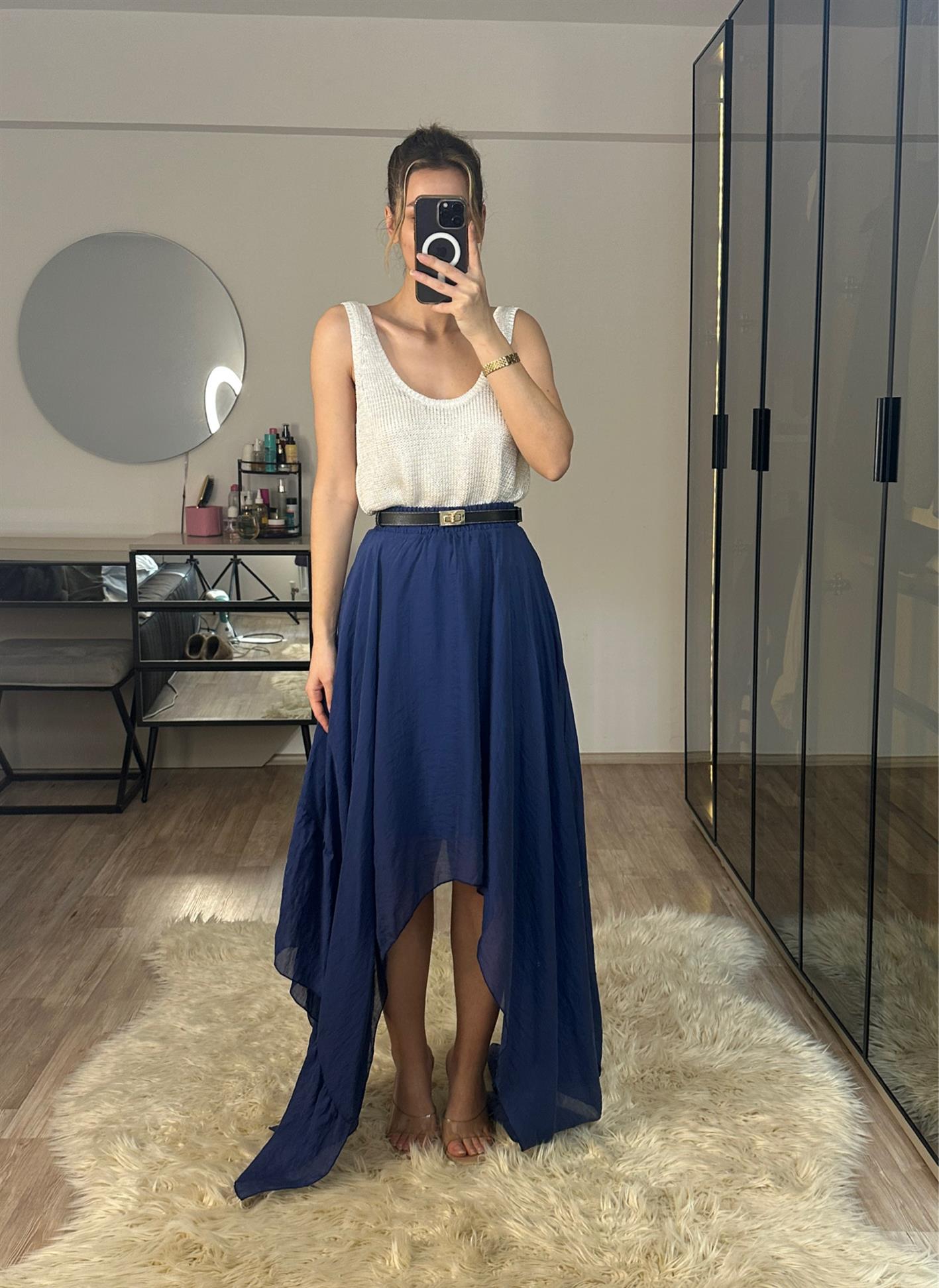 Boho Asimetrik Kesim Lacivert Etek