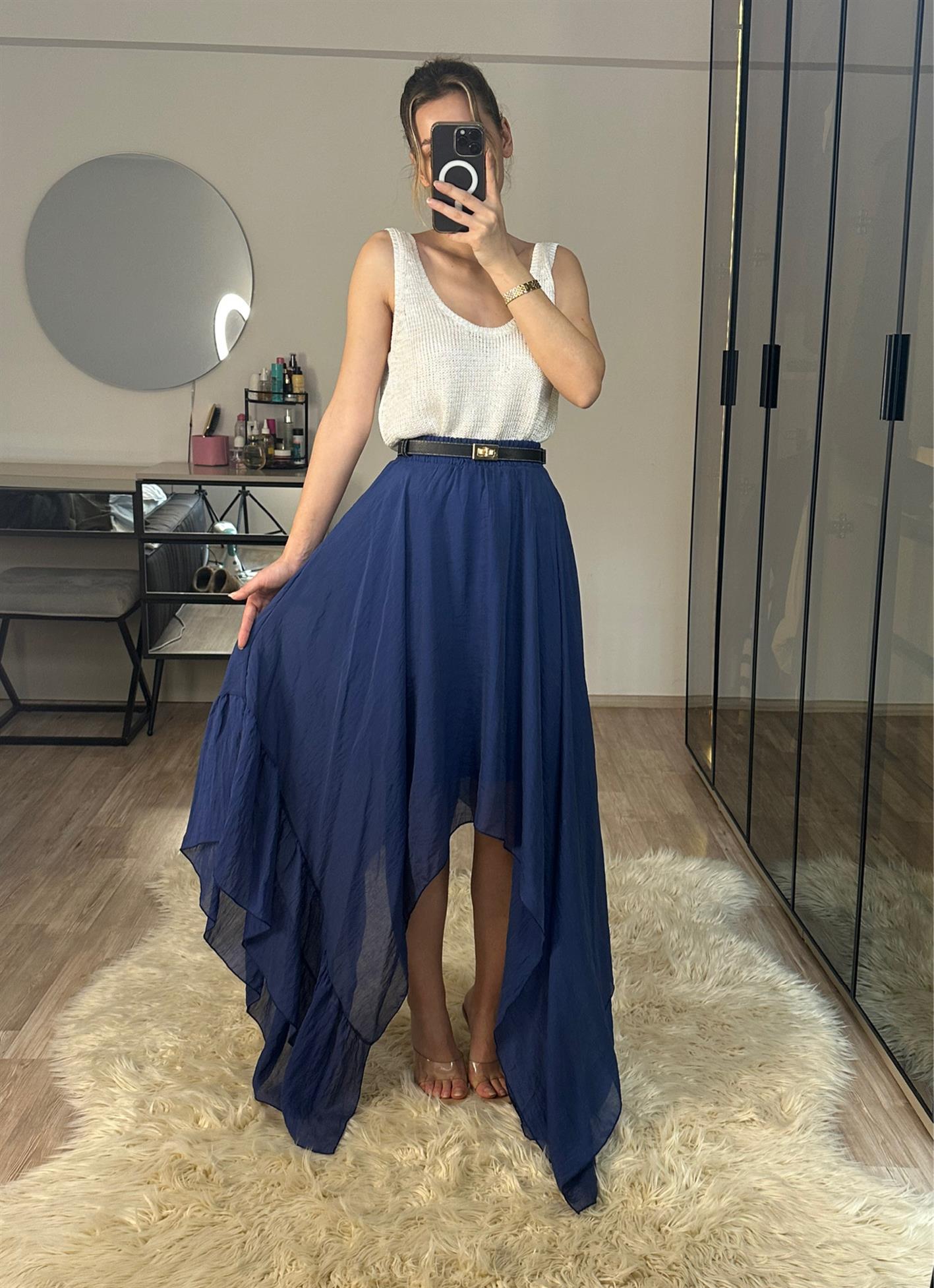 Boho Asimetrik Kesim Lacivert Etek