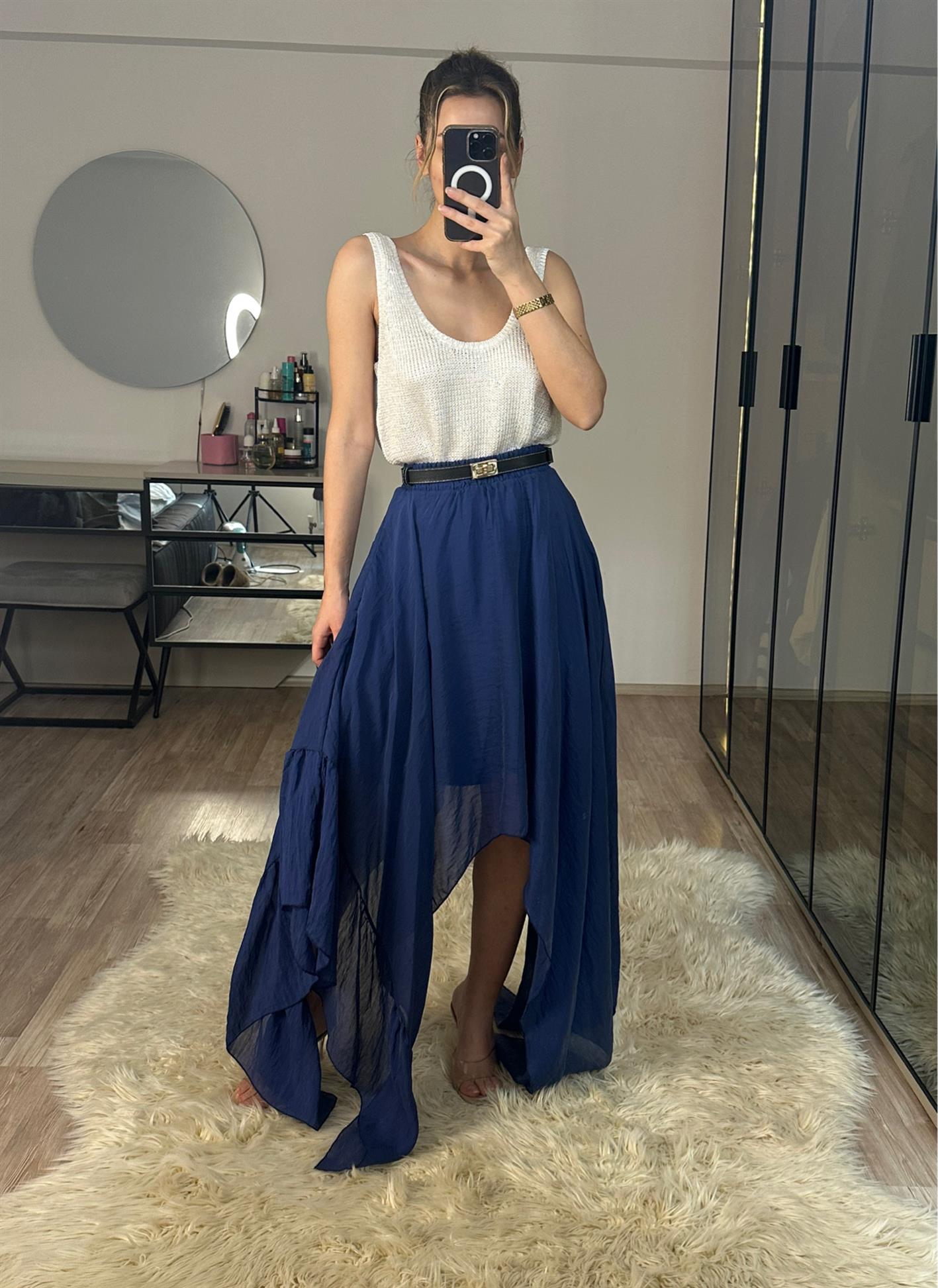 Boho Asimetrik Kesim Lacivert Etek