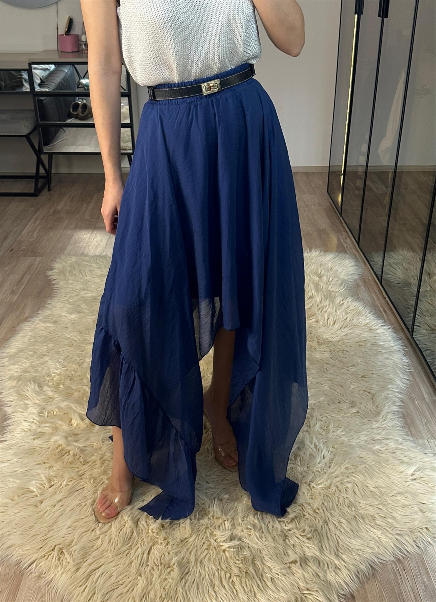 Boho Asimetrik Kesim Lacivert Etek