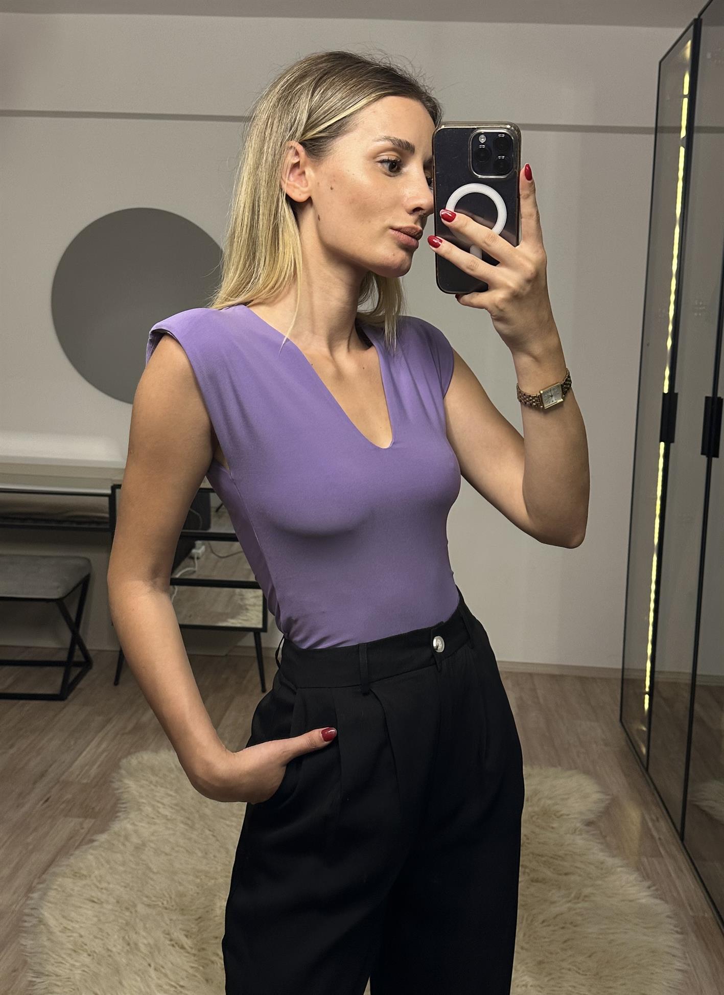 Brand Lila V Yaka Vatkalı Bluz
