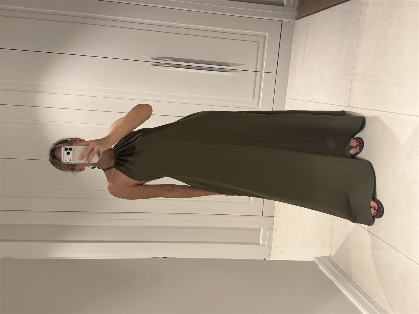 Cara Haki Halter Yaka Sırt Dekolteli %100 Bambu Keten Elbise