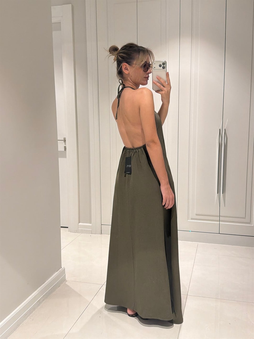 Cara Haki Halter Yaka Sırt Dekolteli %100 Bambu Keten Elbise