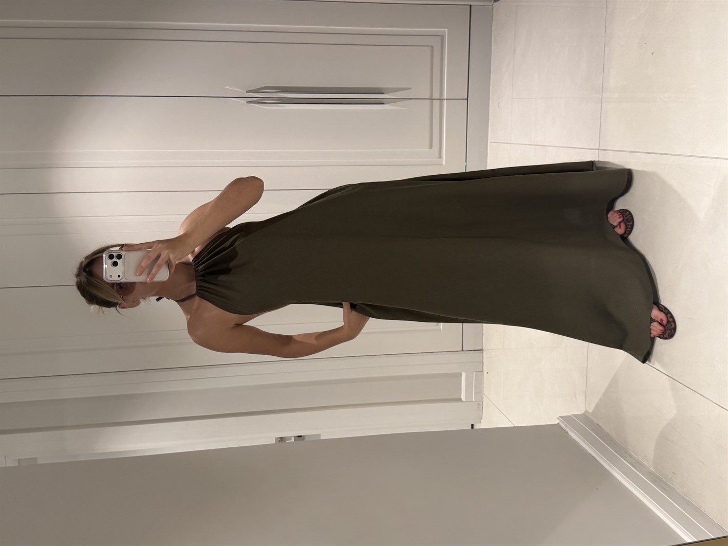 Cara Haki Halter Yaka Sırt Dekolteli %100 Bambu Keten Elbise