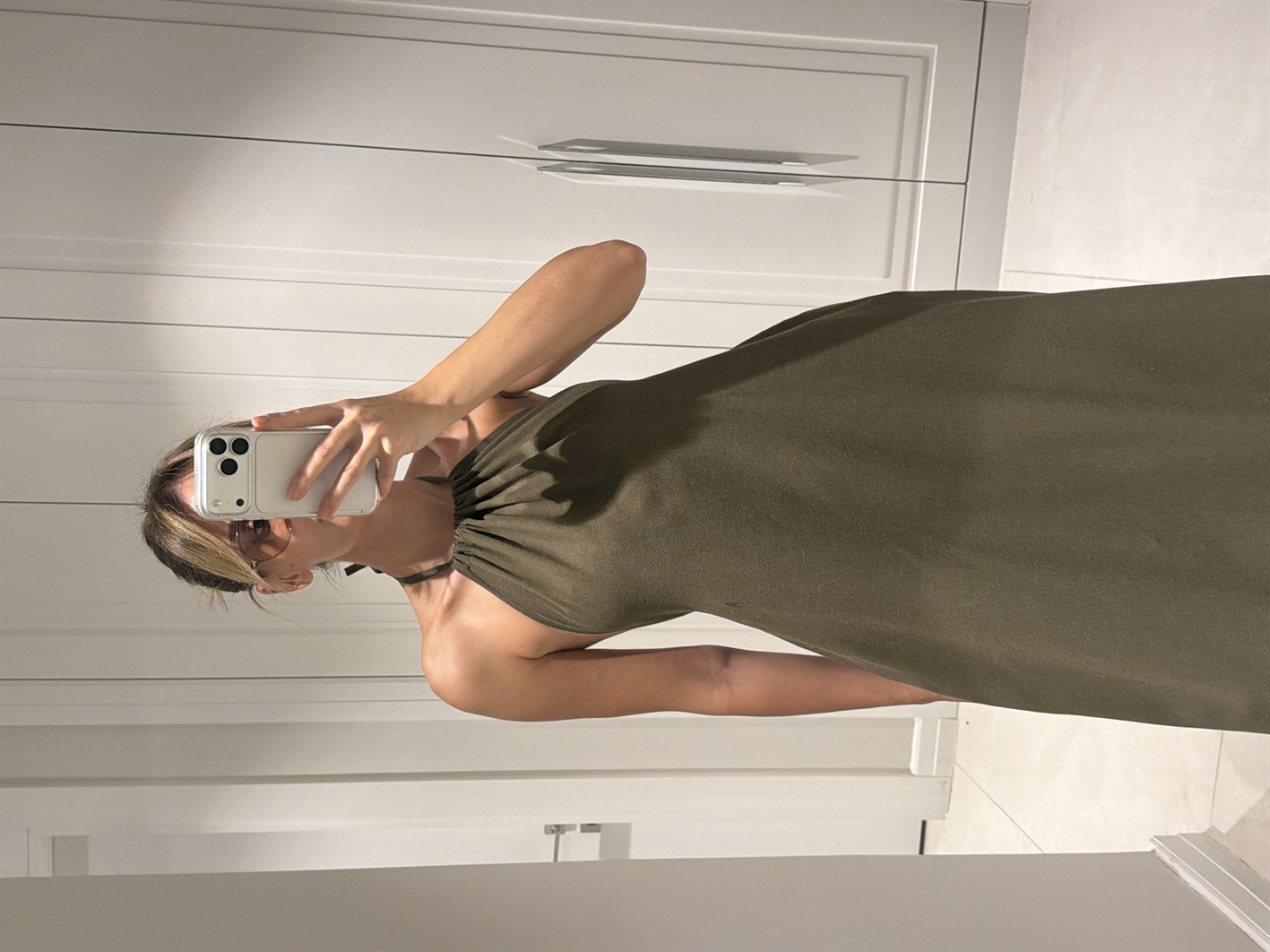 Cara Haki Halter Yaka Sırt Dekolteli %100 Bambu Keten Elbise