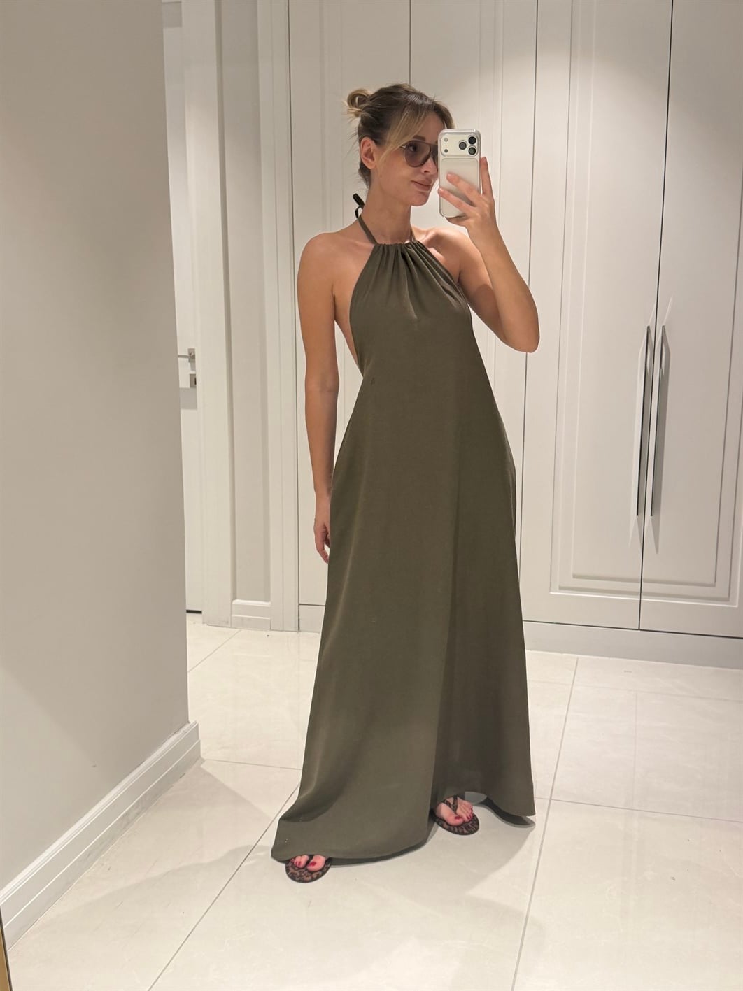 Cara Haki Halter Yaka Sırt Dekolteli %100 Bambu Keten Elbise