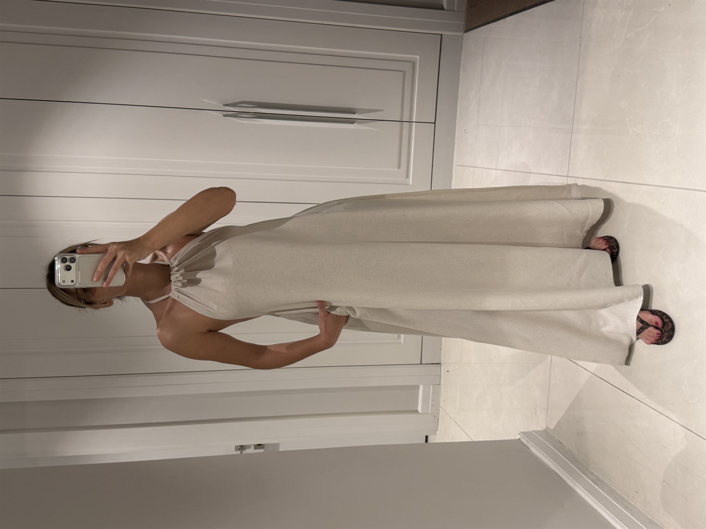 Cara Natür Halter Yaka Sırt Dekolteli %100 Bambu Keten Elbise