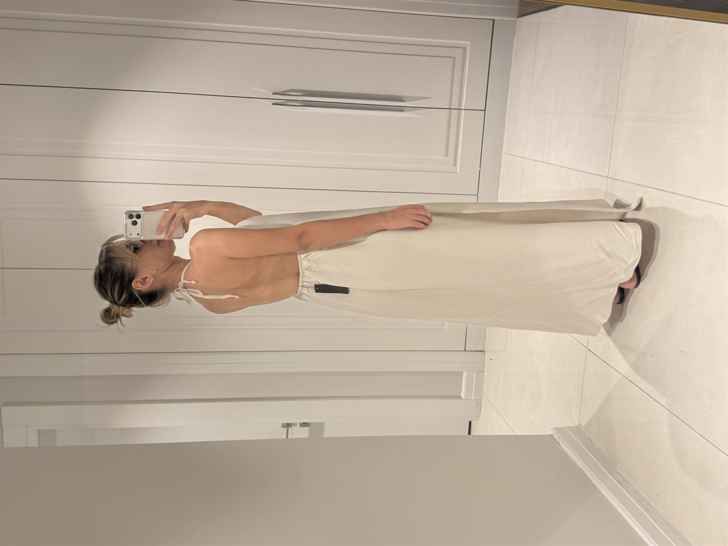 Cara Natür Halter Yaka Sırt Dekolteli %100 Bambu Keten Elbise