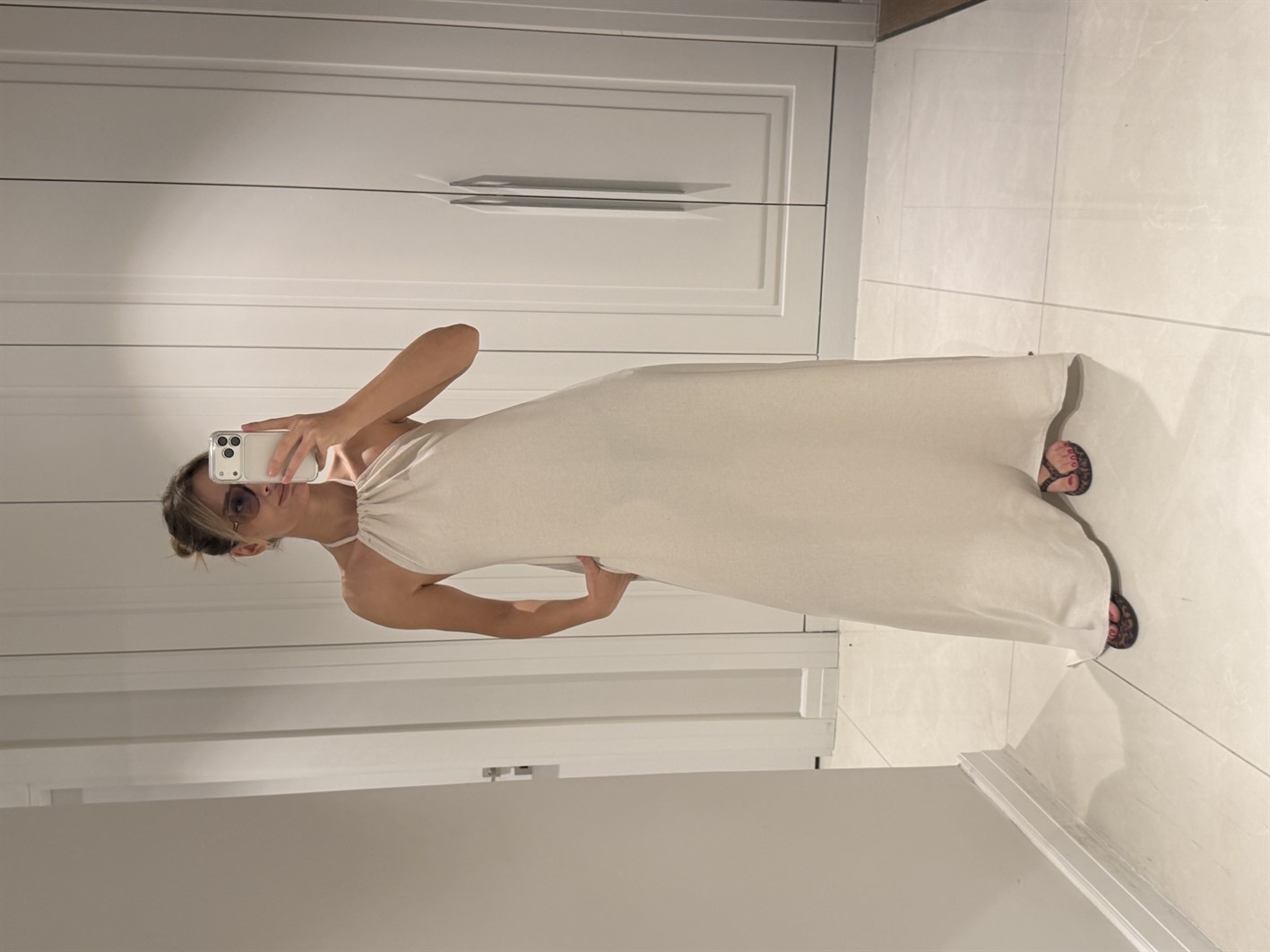 Cara Natür Halter Yaka Sırt Dekolteli %100 Bambu Keten Elbise