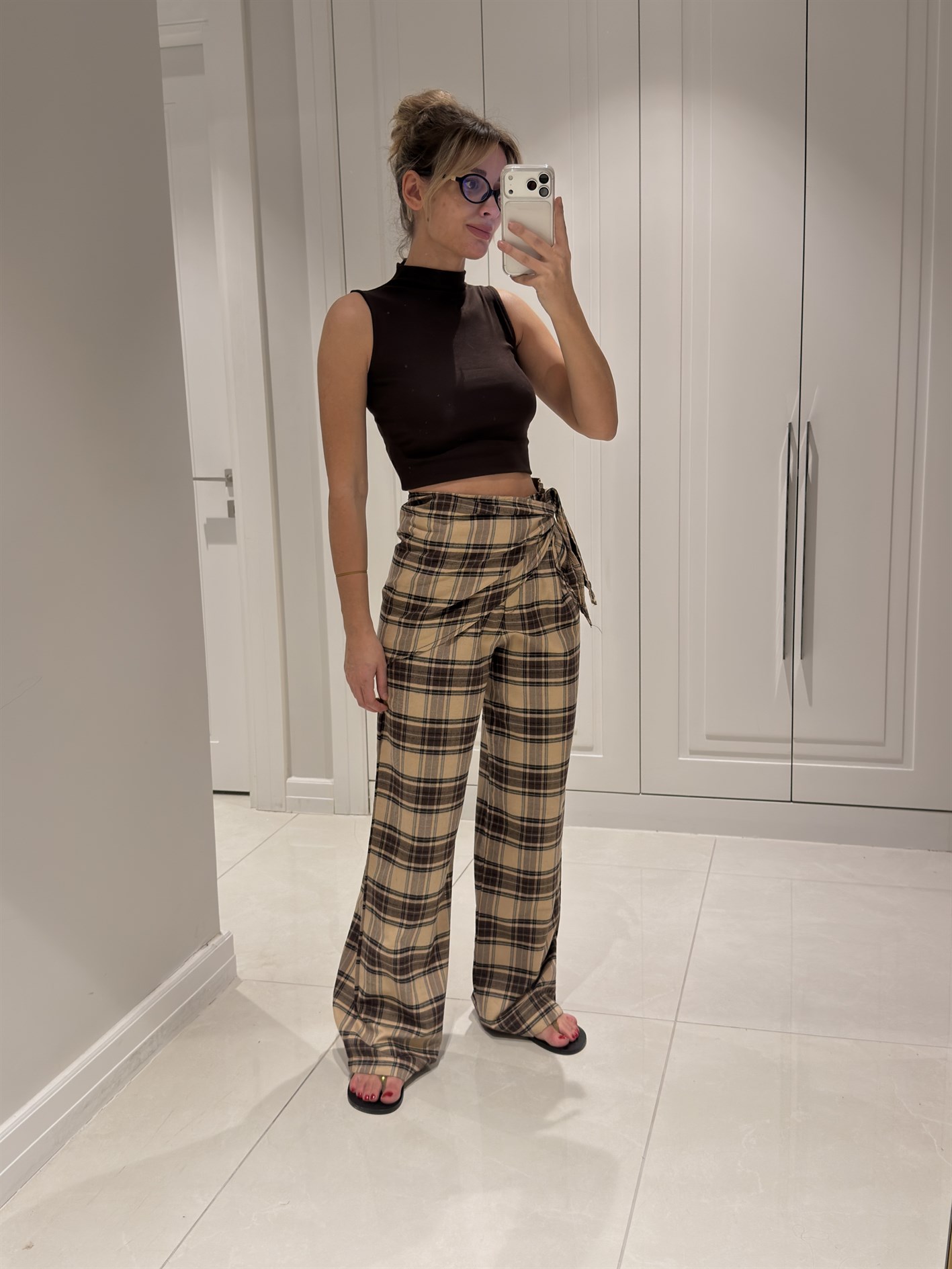 Carol Bej Kahve Ekose Bağlamalı Pantolon