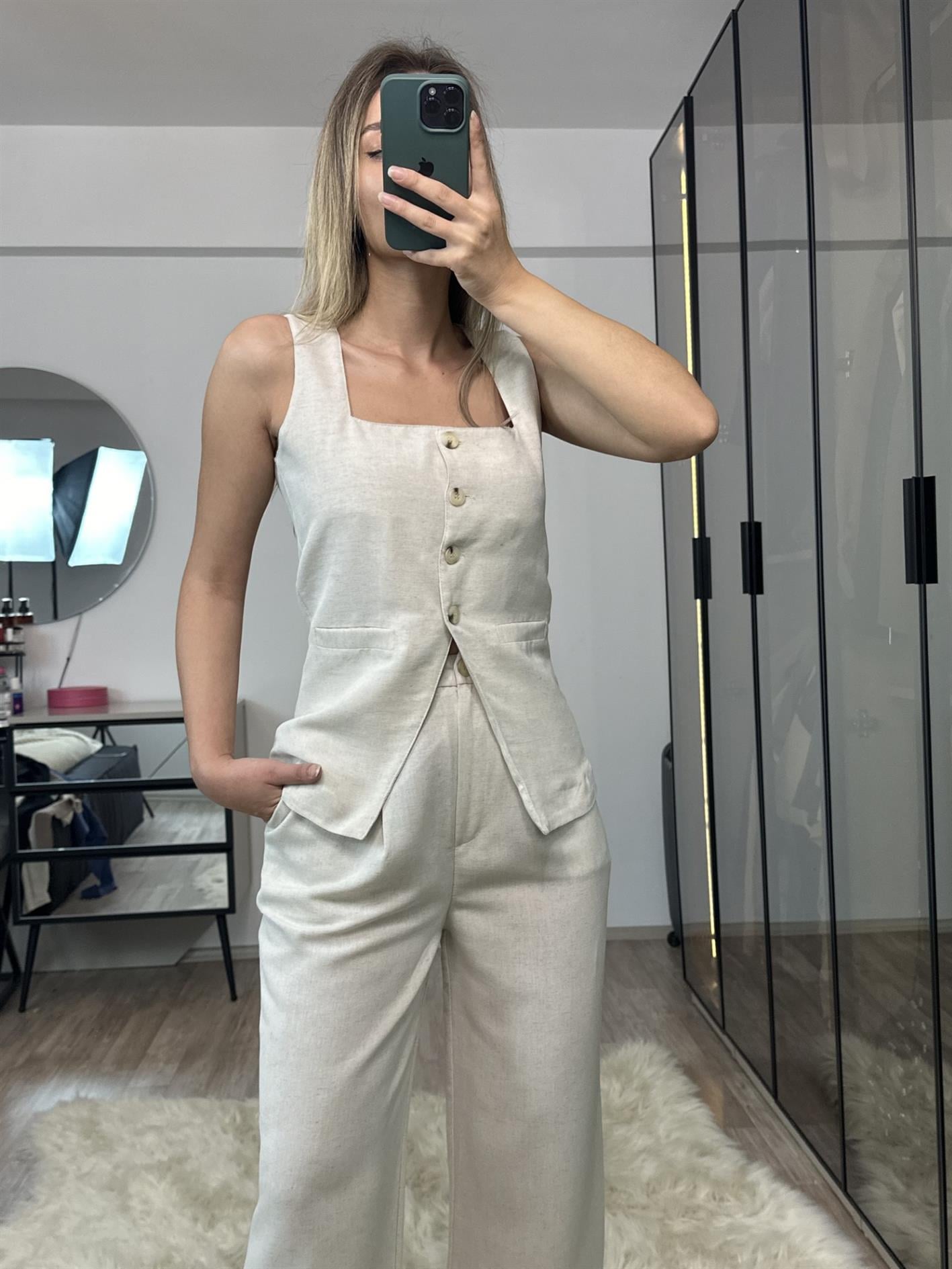 Cherry Bej %100 Ham Keten Kare Yaka Yelek Pantolon Takım