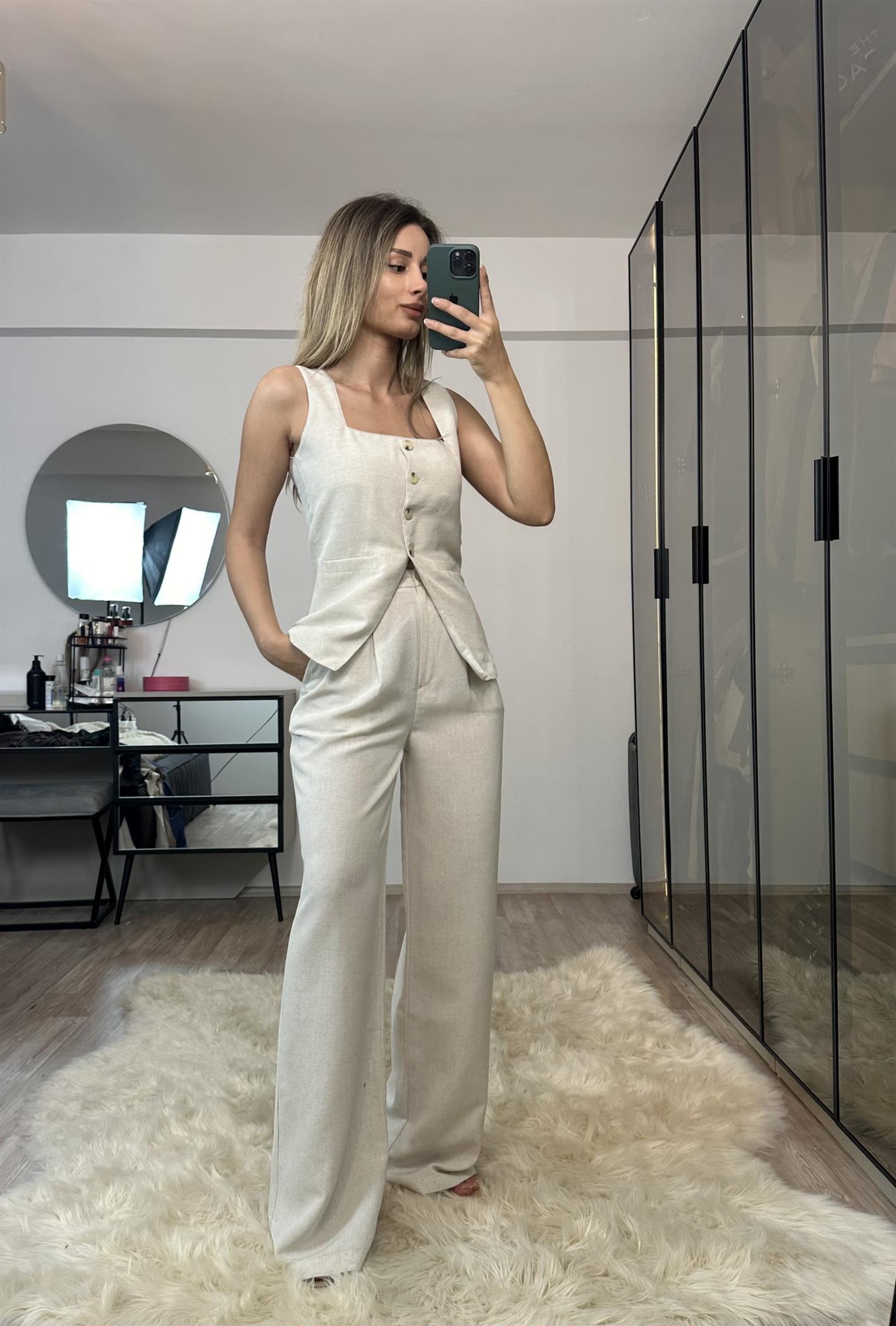 Cherry Bej %100 Ham Keten Kare Yaka Yelek Pantolon Takım