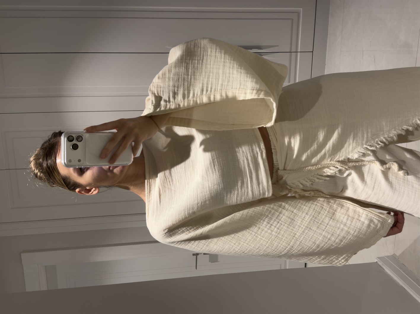 Darla Bej Müslin Kumaş Zarf Pantolon Crop Takım