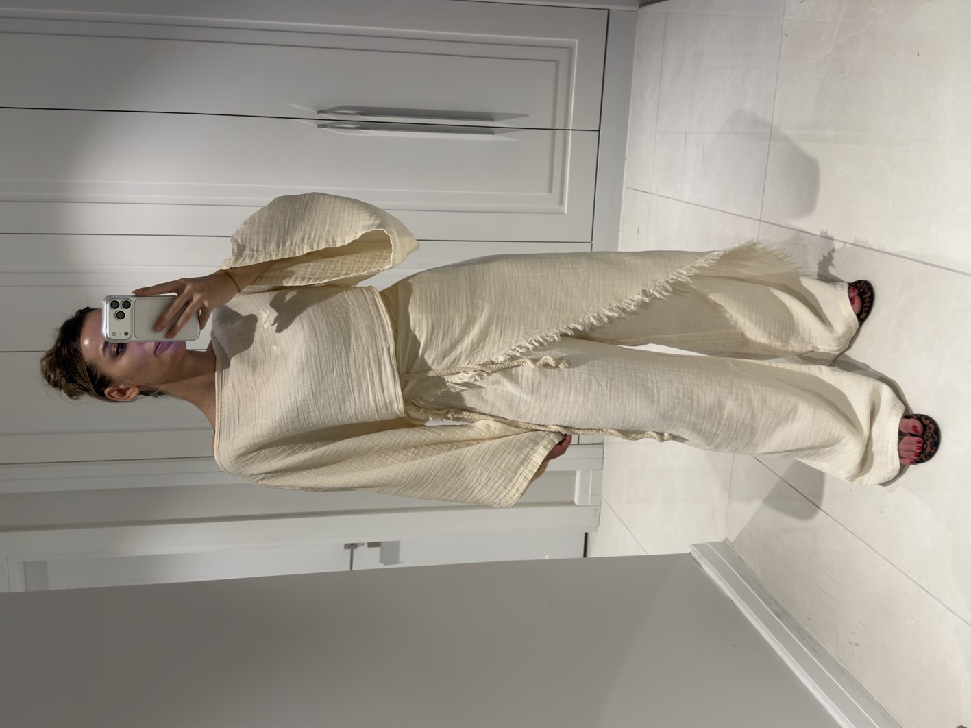 Darla Bej Müslin Kumaş Zarf Pantolon Crop Takım