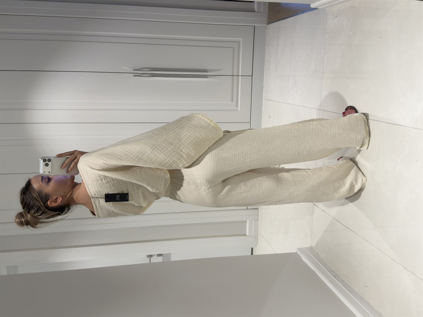 Darla Bej Müslin Kumaş Zarf Pantolon Crop Takım