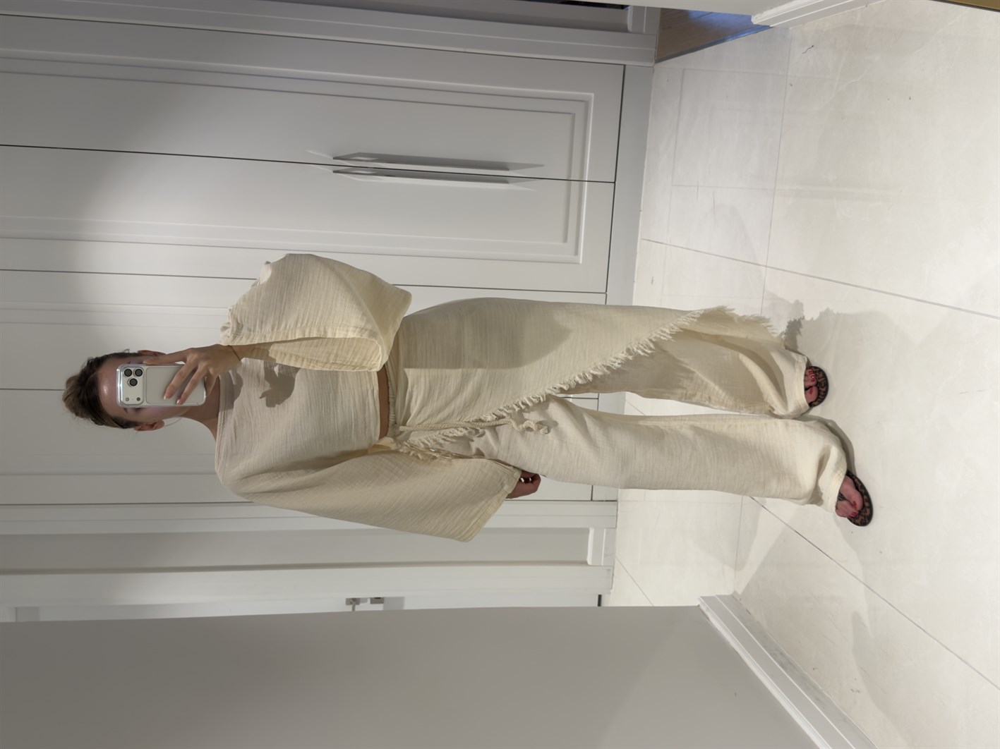 Darla Bej Müslin Kumaş Zarf Pantolon Crop Takım