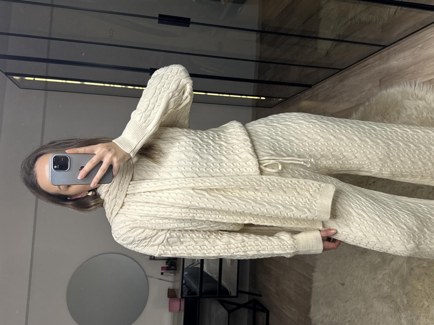 Dolly Bej Örgü Detaylı Atkılı Triko Takım