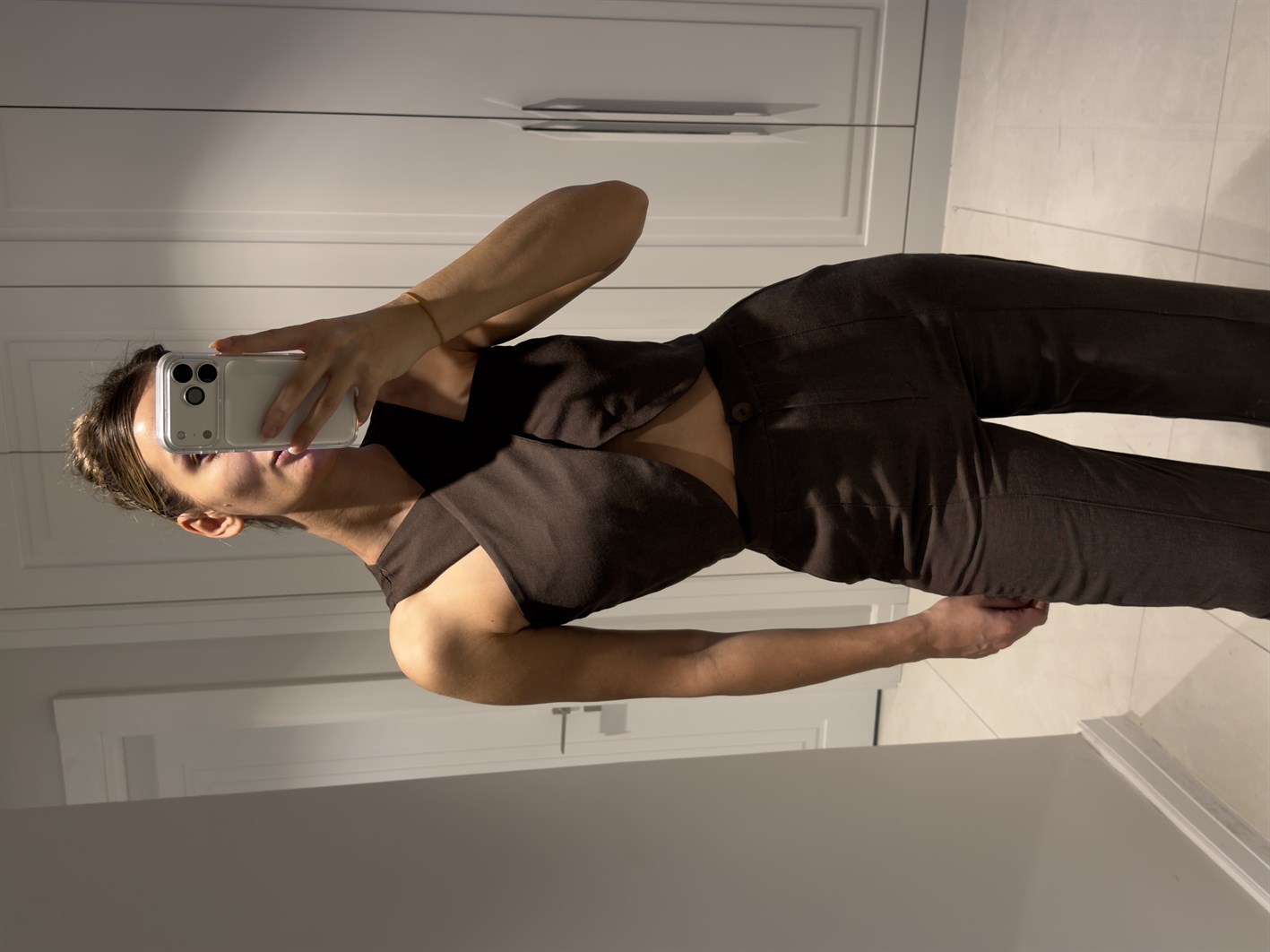 Edna Acı Kahve Bambu Keten Asimetrik Bluz Pantolon Takım