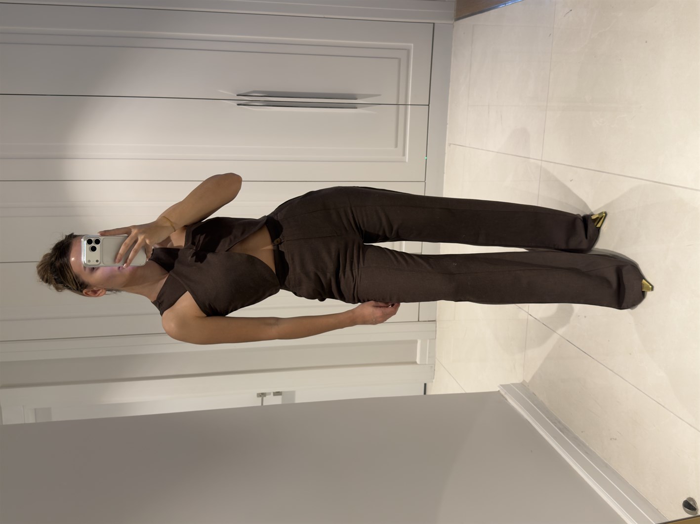 Edna Acı Kahve Bambu Keten Asimetrik Bluz Pantolon Takım