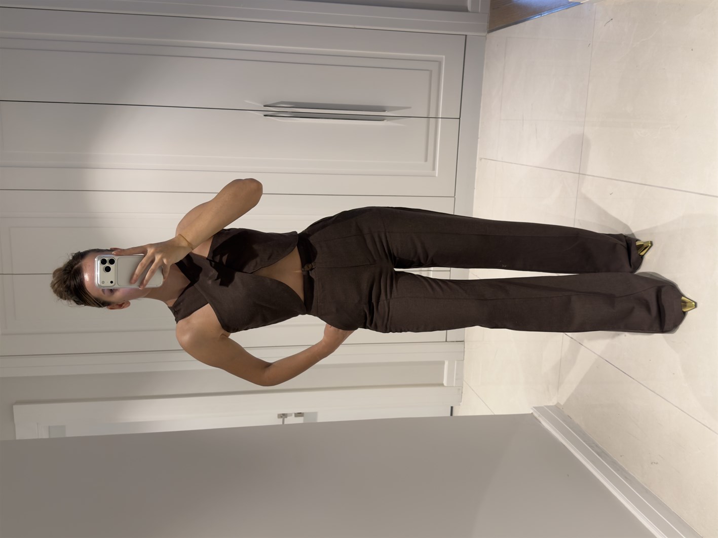 Edna Acı Kahve Bambu Keten Asimetrik Bluz Pantolon Takım