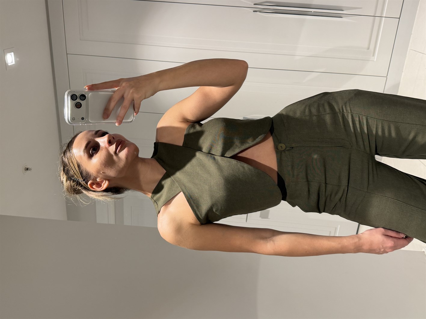 Edna Haki Bambu Keten Asimetrik Bluz Pantolon Takım