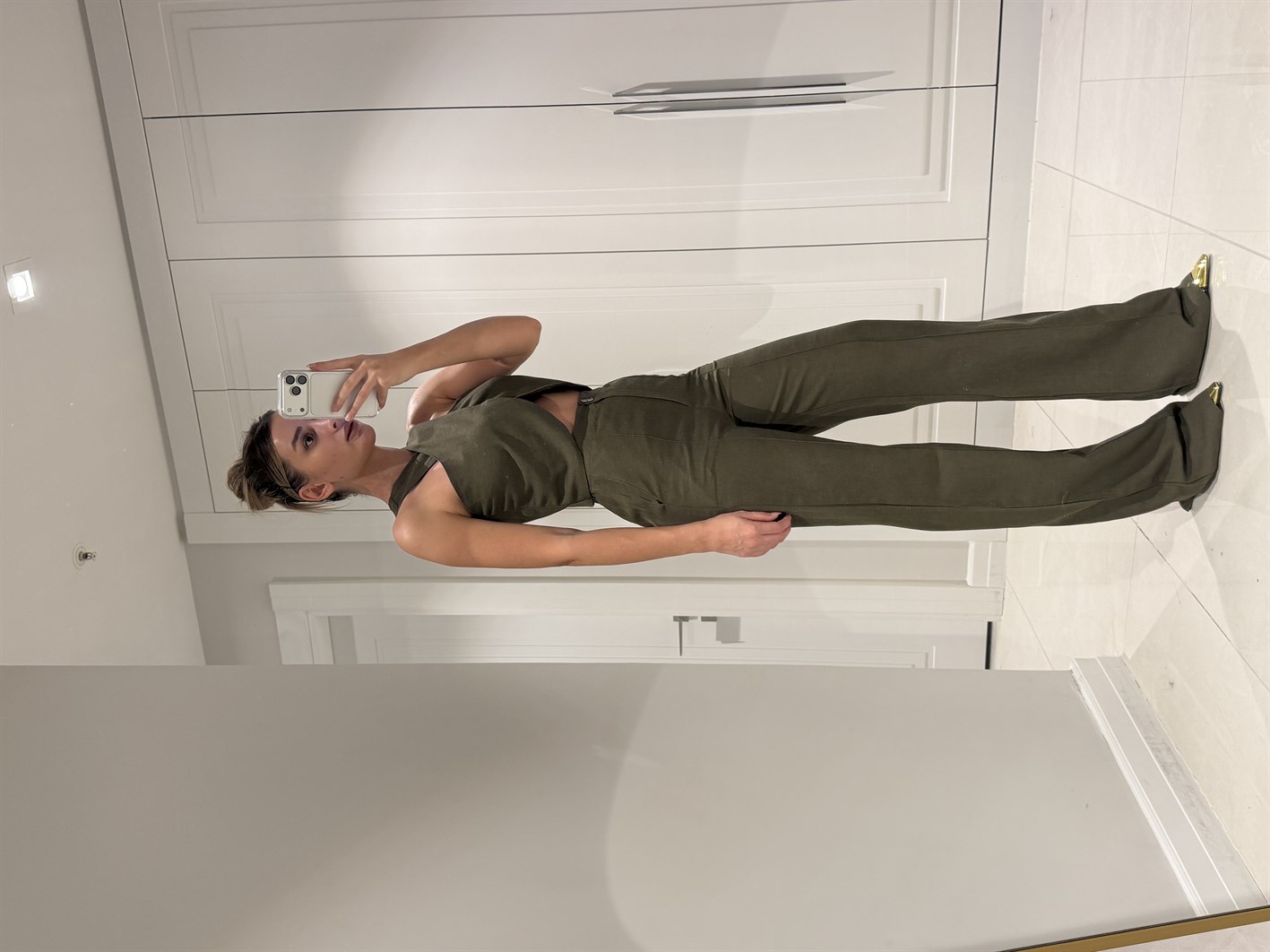 Edna Haki Bambu Keten Asimetrik Bluz Pantolon Takım