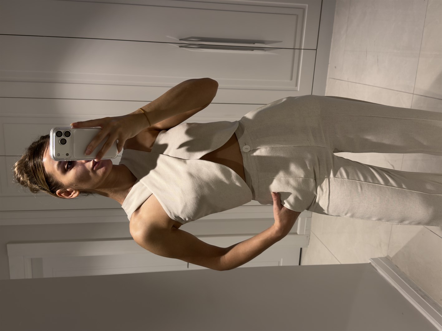 Edna Natür Bambu Keten Asimetrik Bluz Pantolon Takım