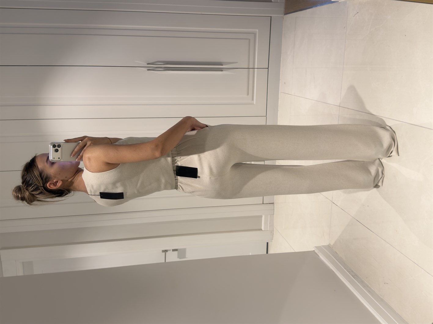 Edna Natür Bambu Keten Asimetrik Bluz Pantolon Takım