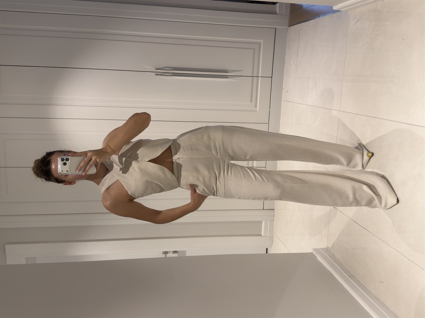 Edna Natür Bambu Keten Asimetrik Bluz Pantolon Takım