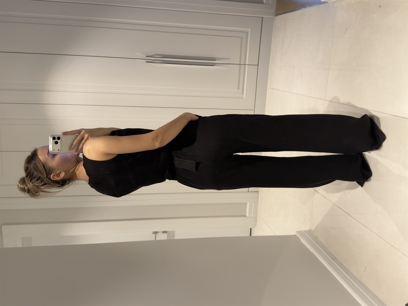 Edna Siyah Bambu Keten Asimetrik Bluz Pantolon Takım